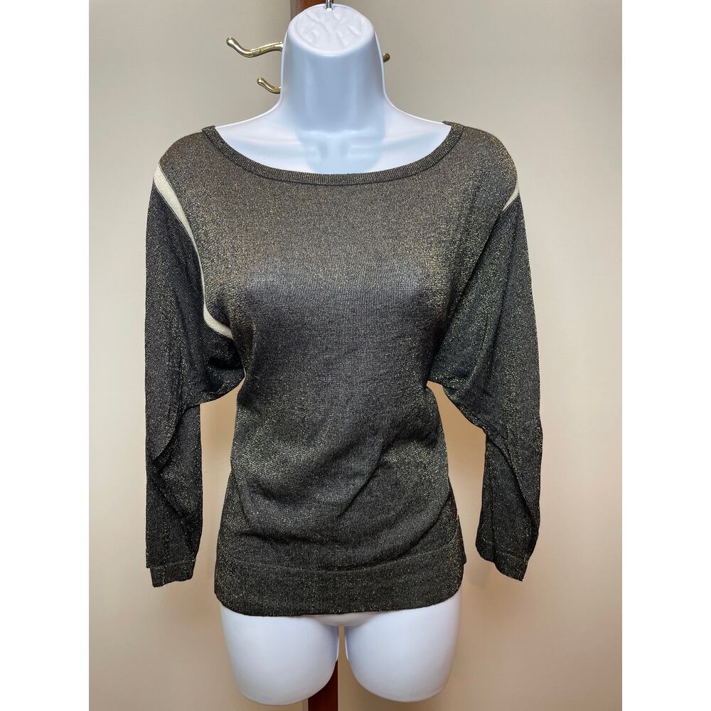 Bebe M Metallic Olive Green Cream Accent Lightweight Raglan Sleeve Sweater